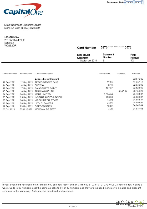 Modèle de relevé bancaire USA Capital One format PSD, version 2